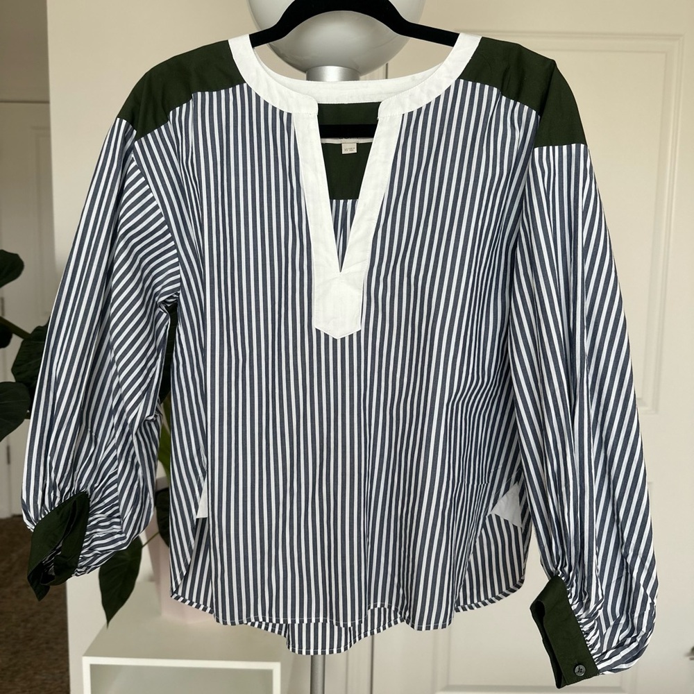 LOFT Colorblock Striped Poplin Split Neck Blouse